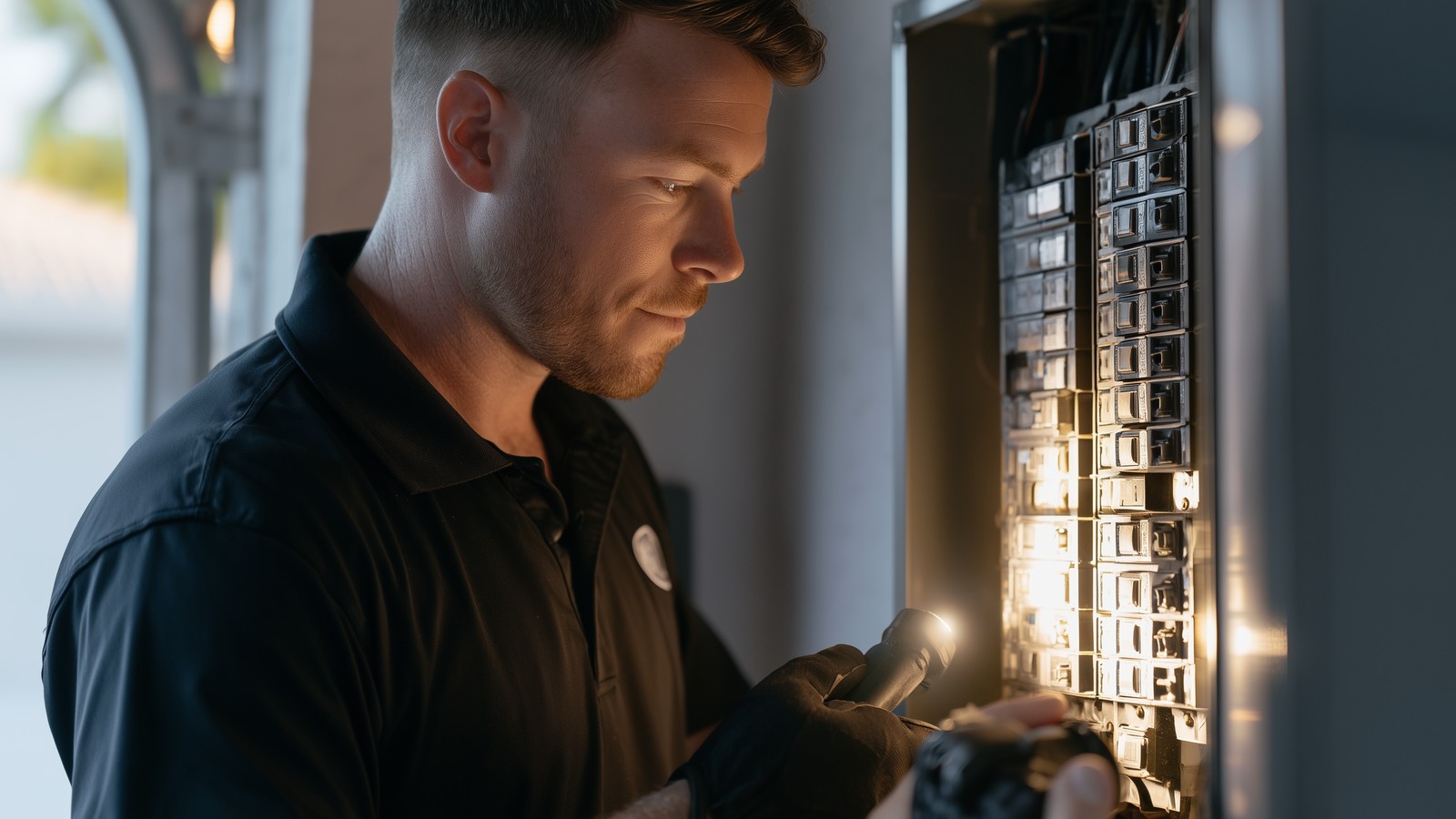 Home inspector examining an electrical panel in a Florida garage during a 4-point inspection