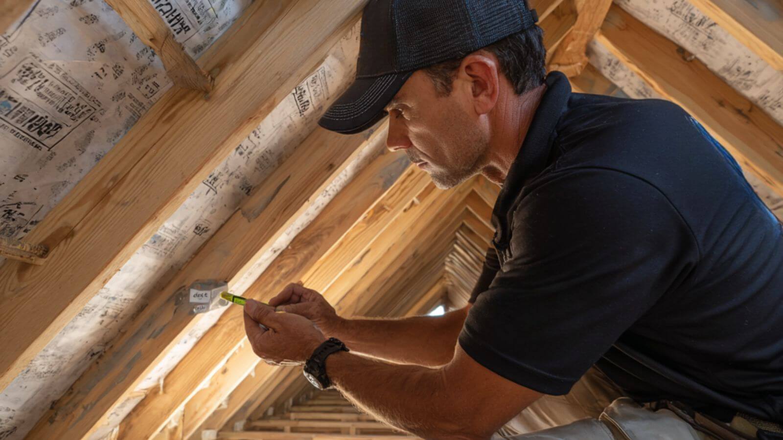 Inspector documenting hurricane straps and roof-to-wall connections in a Florida attic for a wind mitigation report